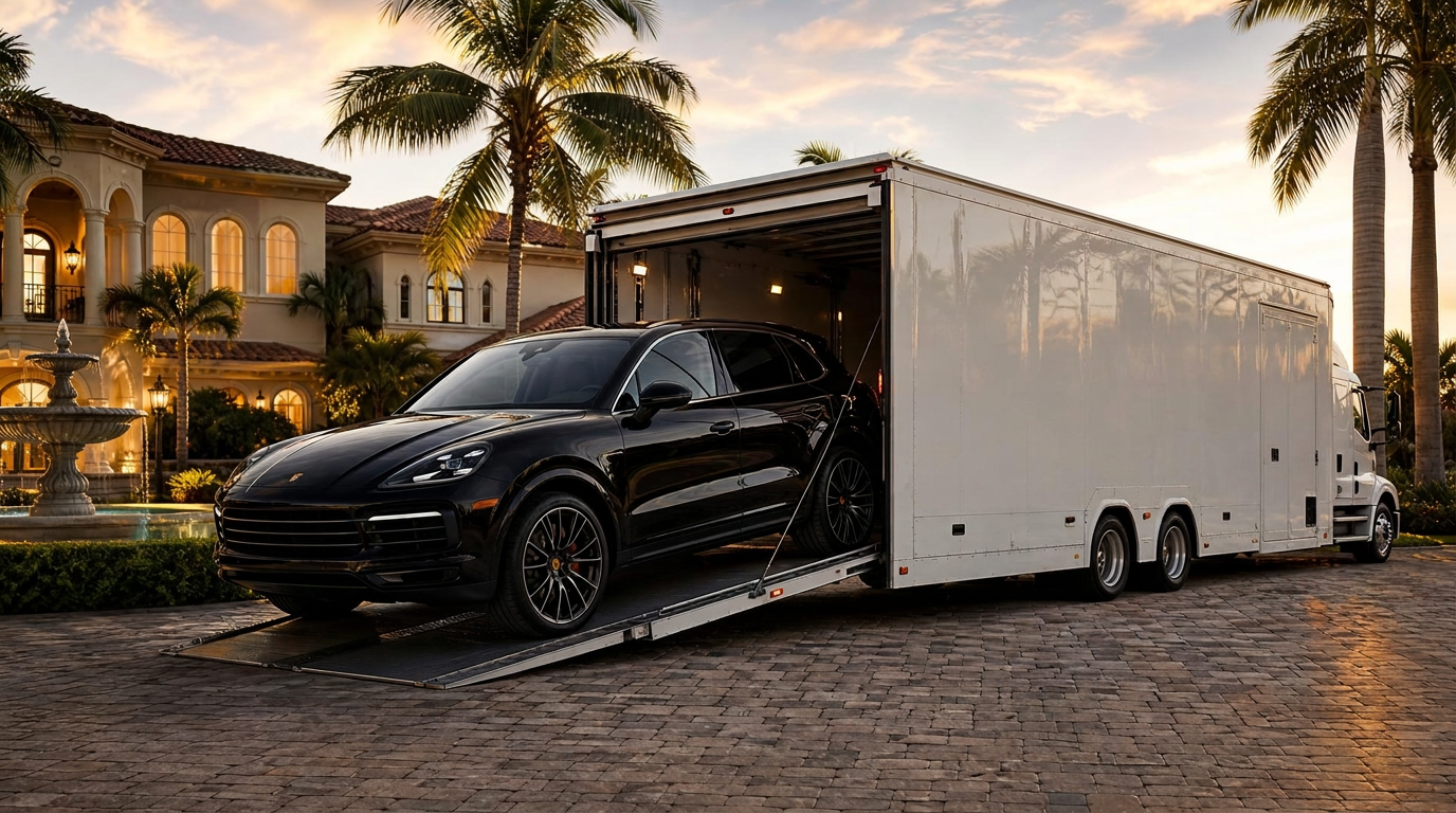White enclosed luxury car hauler loading a Porsche at a gated estate