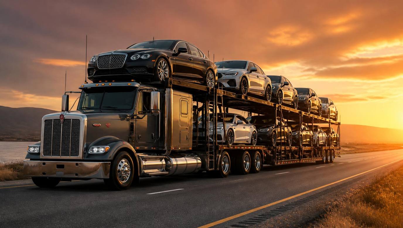 Open multi-car carrier transporting everyday vehicles on a professional semi-truck