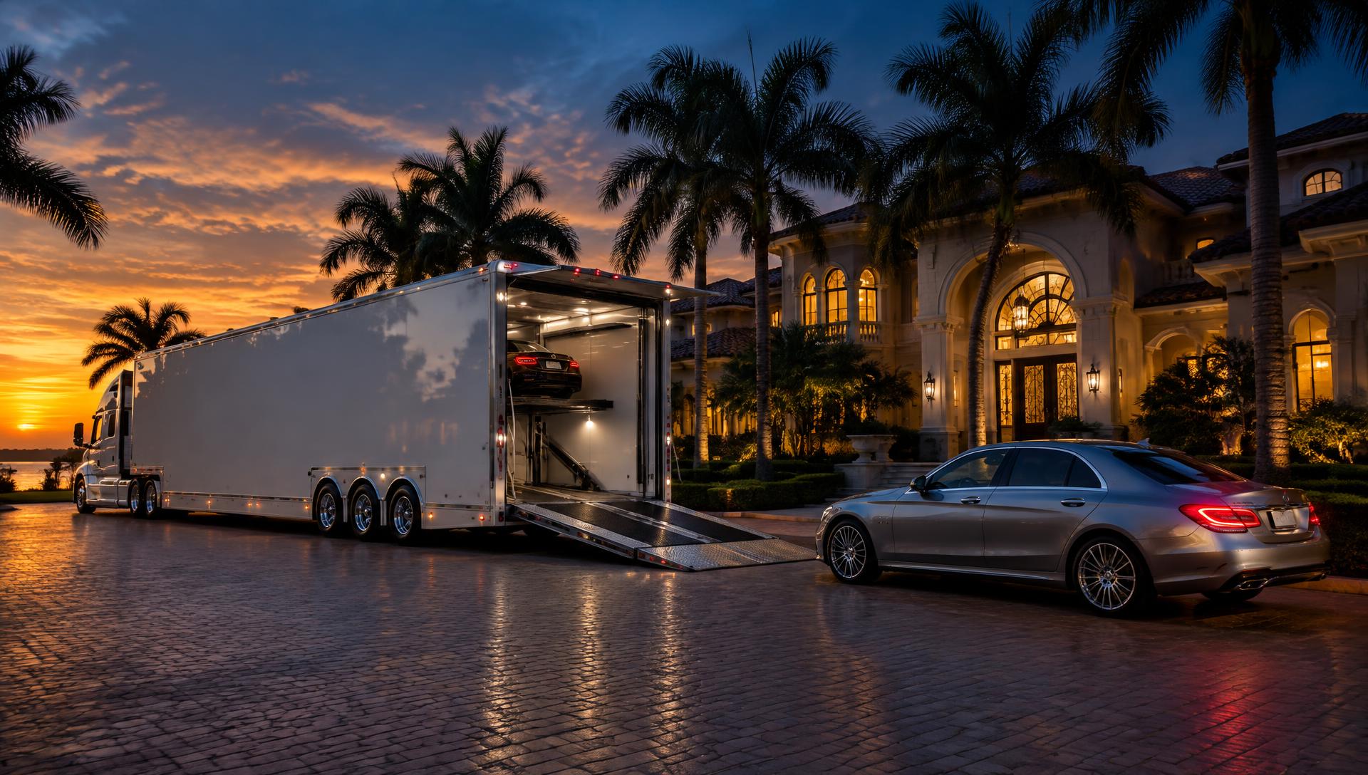 Enclosed car hauler and luxury sedan outside an elegant Naples mansion at sunset